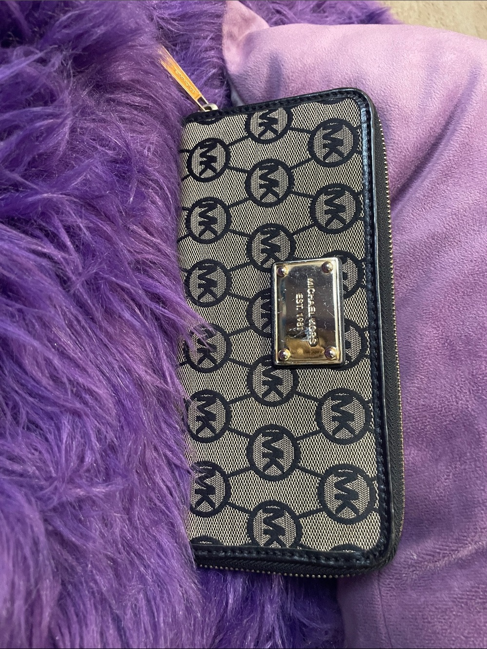 Michael Kors Black and Beige Signature Zip-Around Wallet with Gold Plate
